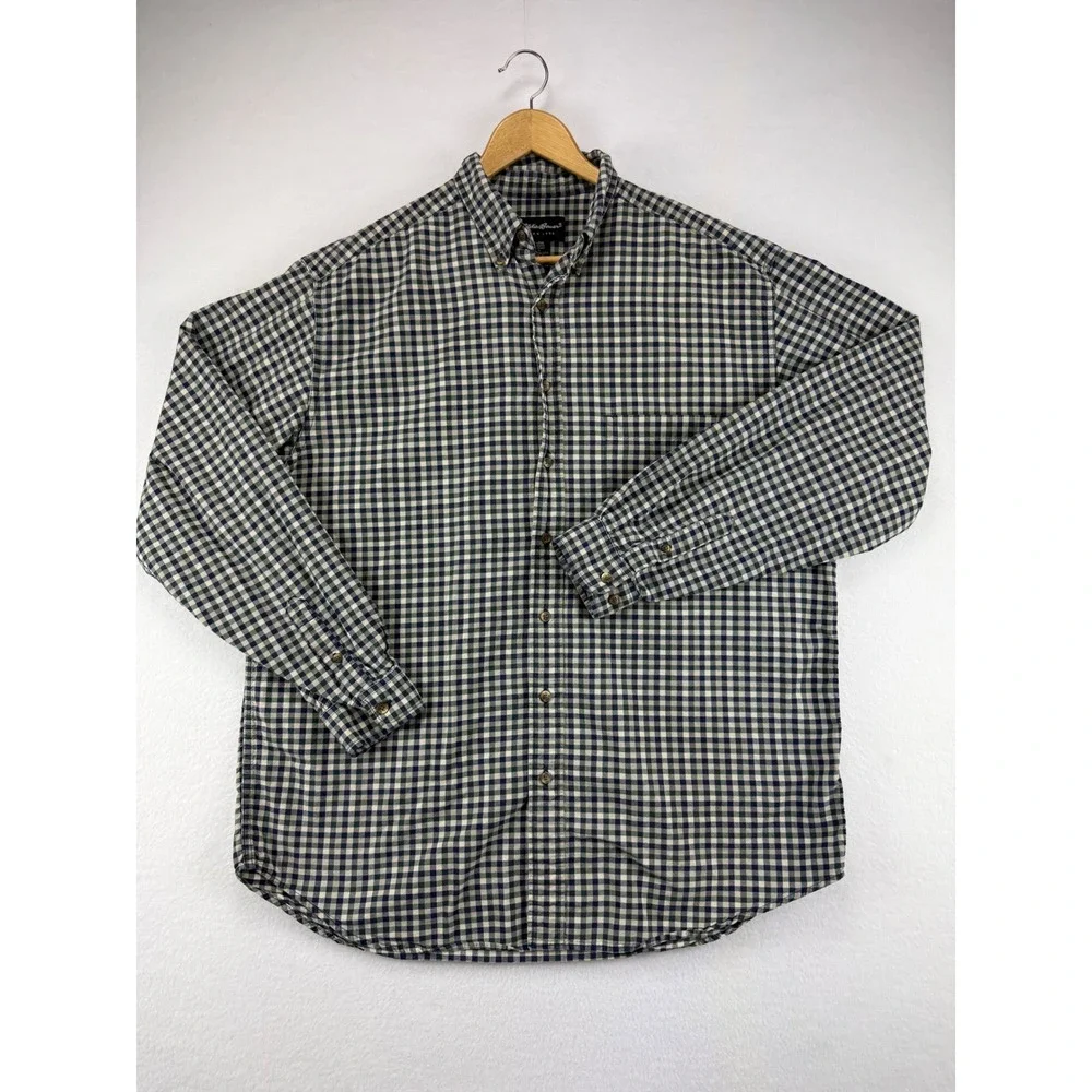 Eddie Bauer Button Down Shirt Mens Large Tall Navy Green Gingham Plaid‎ Cotton